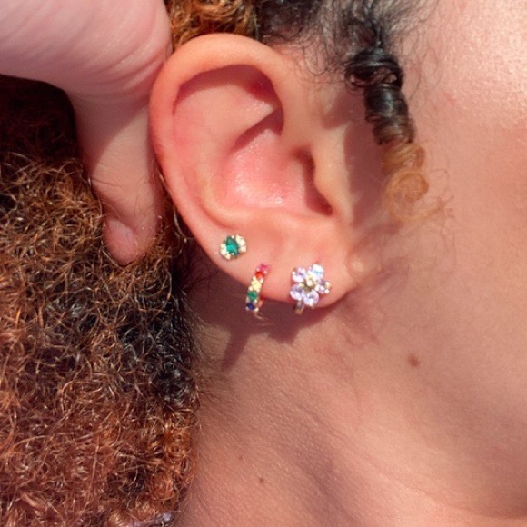 Pink Gold Diamond Flower Huggie - Picture 4 of 4